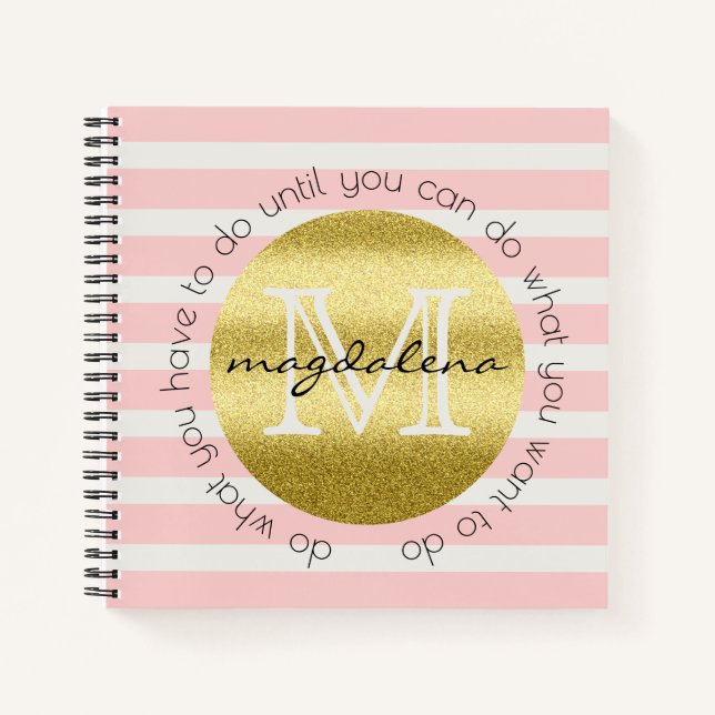 Trendy Monogram Gold Glitter Blush Pink Stripes Notebook (Front)
