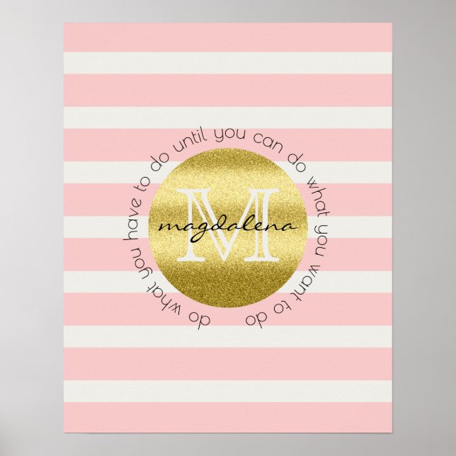 Trendy Monogram Gold Glitter Blush Pink Stripes Poster (Front)