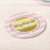 Trendy Monogram Gold Glitter Blush Pink Stripes
