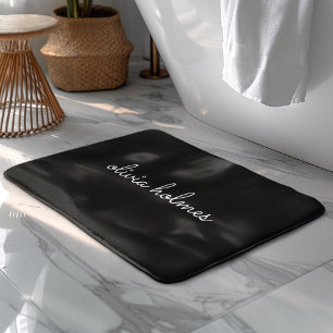 Trendy Monogram Modern Black Script Name Bath Mat