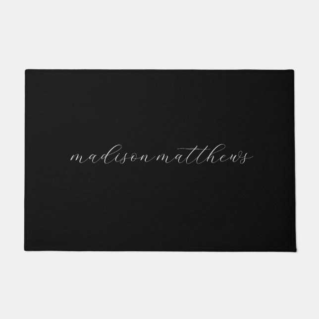 Trendy Monogram Modern Black Script Name Doormat (Front)