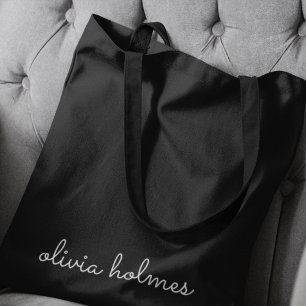Trendy Monogram Modern Black Script Name Tote Bag