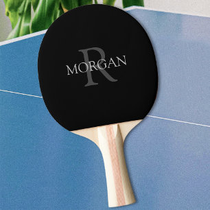 Trendy Monogram & Name, Black & Grey Text Ping Pong Paddle