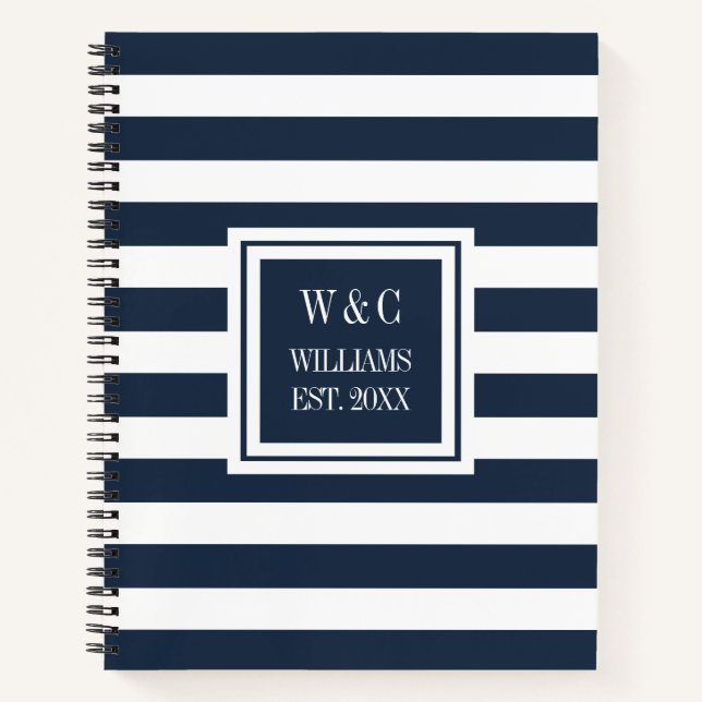 Trendy Monogram Navy Blue Stripe Family Name Notebook (Front)