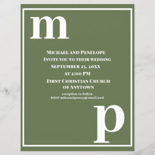 Trendy Monogram Olive Green Budget Wedding Invite Flyer