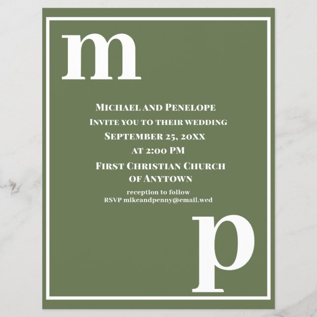 Trendy Monogram Olive Green Budget Wedding Invite Flyer (Front)