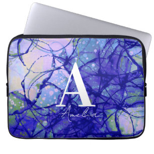Trendy Monogram Personalised Name Blue Abstract Laptop Sleeve