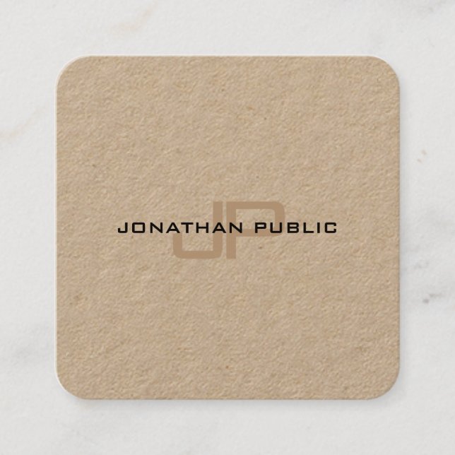 Trendy Monogram Premium Real Kraft Paper Template Square Business Card (Front)