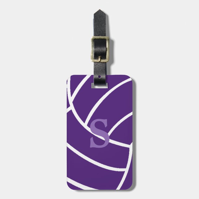 Trendy Monogram Purple Volleyball Luggage Tag (Front Vertical)