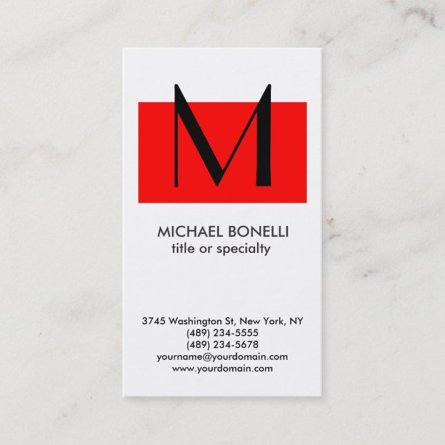 Trendy Monogram Red White Simple Business Card (Front)