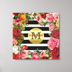 Trendy Monogram Stripes Roses Flowers Gold Glitter Canvas Print