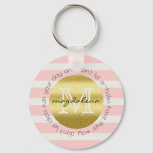 Trendy Monogram Stripes Roses Flowers Gold Glitter Key Ring