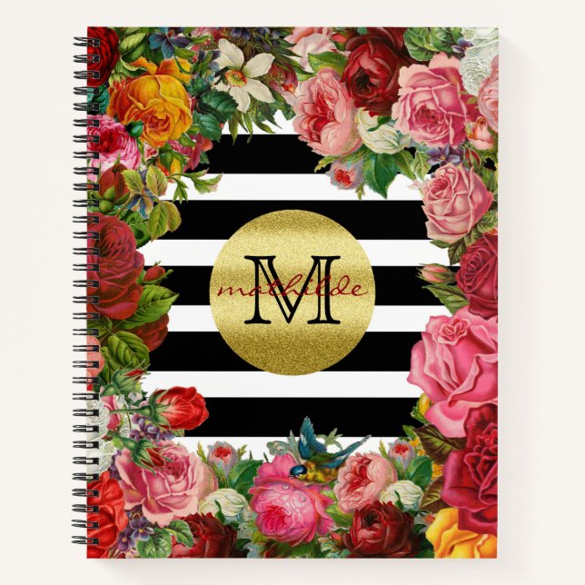 Trendy Monogram Stripes Roses Flowers Gold Glitter Notebook (Front)