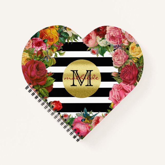 Trendy Monogram Stripes Roses Flowers Gold Glitter Notebook (Front)