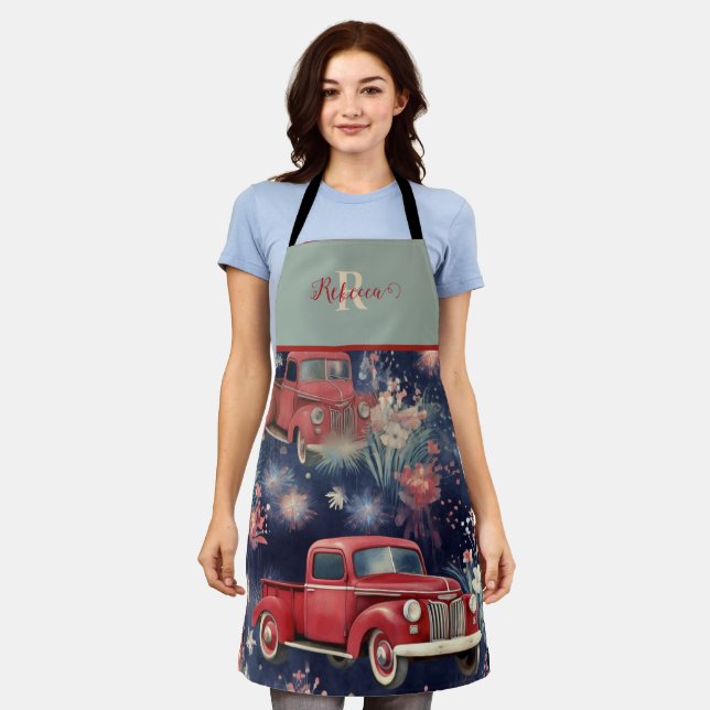 Trendy Monogram Vintage Red Truck Apron (Worn)