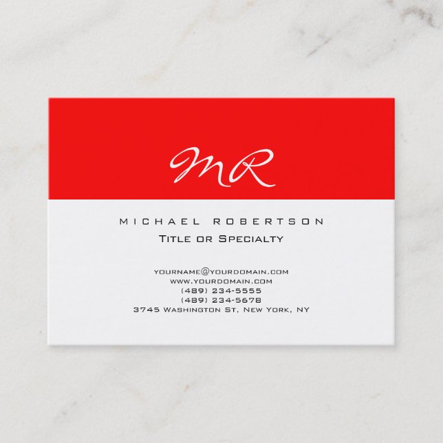 Trendy Monogram White Red Chubby Business Card (Front)