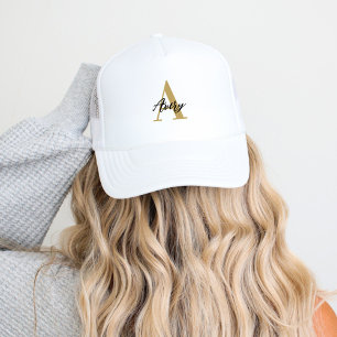 Trendy Monogram with Script Name Overlay Trucker Hat