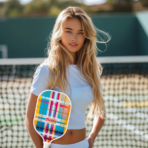 Trendy Monogrammed Colourful Plaid Pickleball Paddle