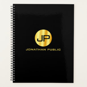 Trendy Monogrammed Elegant Black Gold Template Planner