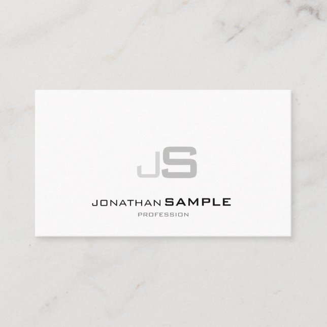 Trendy Monogrammed Elegant Simple Plain White Business Card (Front)