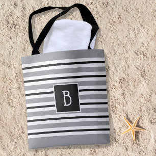 Trendy Monogrammed Initial Grey Black White Stripe Tote Bag