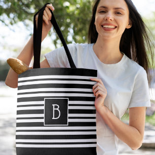 Trendy Monogrammed Initial on Black & White Stripe Tote Bag
