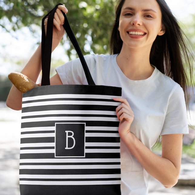 Trendy Monogrammed Initial on Black & White Stripe Tote Bag (Trendy Modern Monogram Initial Black White Stripe Stylish Tote Bag)