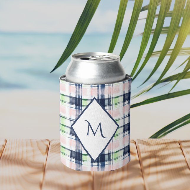 Trendy Monogrammed Navy Blue Pink Preppy Plaid  Can Cooler (Creator Uploaded)