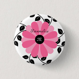 Trendy Monogrammed Pink And Black Flower With Name 3 Cm Round Badge