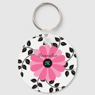 Trendy Monogrammed Pink And Black Flower With Name Key Ring