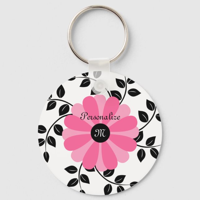 Trendy Monogrammed Pink And Black Flower With Name Key Ring (Front)