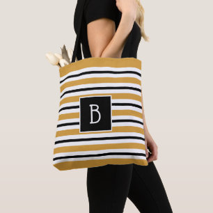 Trendy Monogrammed Yellow , Black & White Stripe Tote Bag