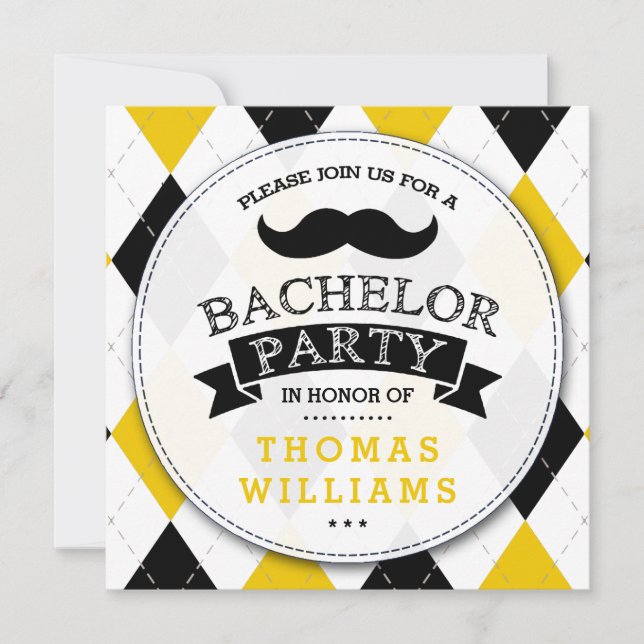 Trendy Moustache Bachelor Party Invitations (Front)