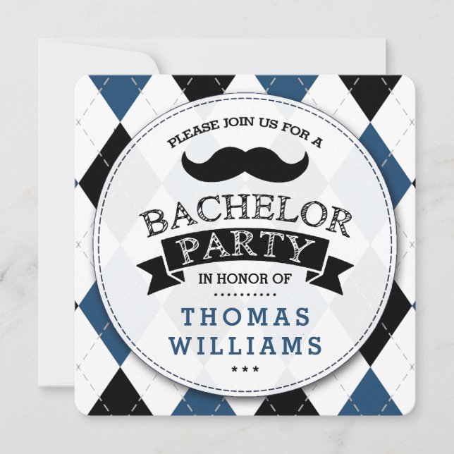 Trendy Moustache Bachelor Party Invitations (Front)