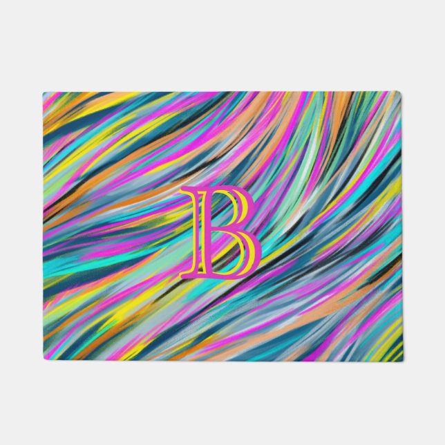 Trendy Multicolor Neon Psychedelic Monogram Doormat (Front)