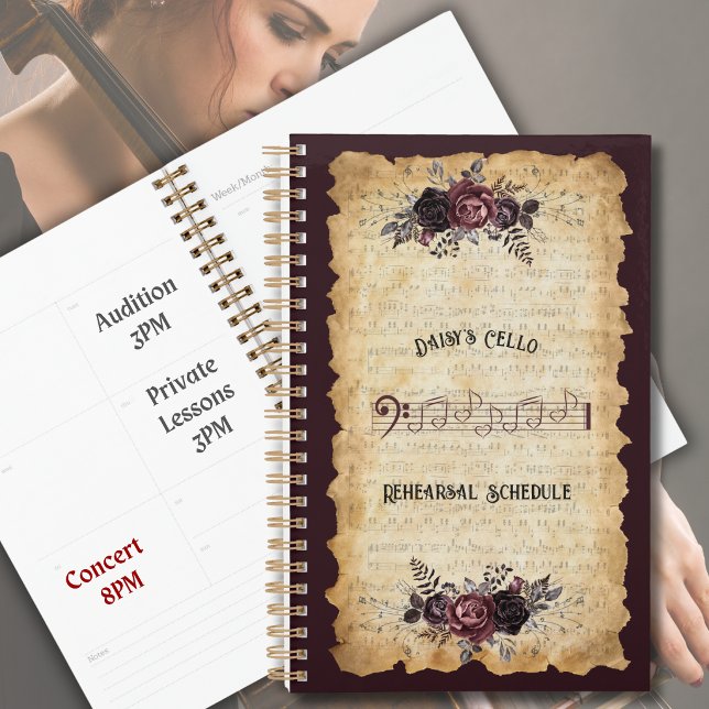 Trendy Musician Cello Rehearsal Planner Notebook (Personalized trendy botanical cello rehearsal planners—set your schedule in luxury style. )