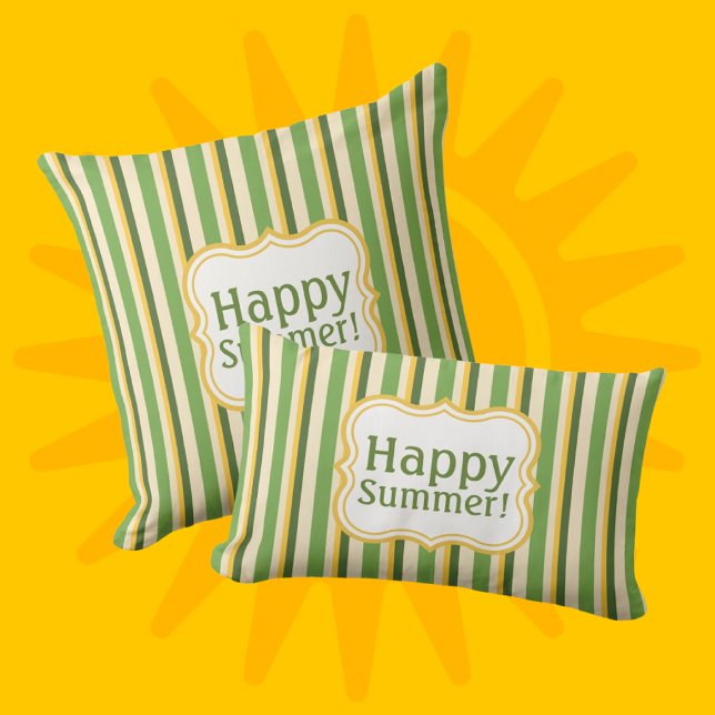 Trendy Mustard Yellow, Green and Cream Striped   Cushion (Be Happy! Or personalize it!)