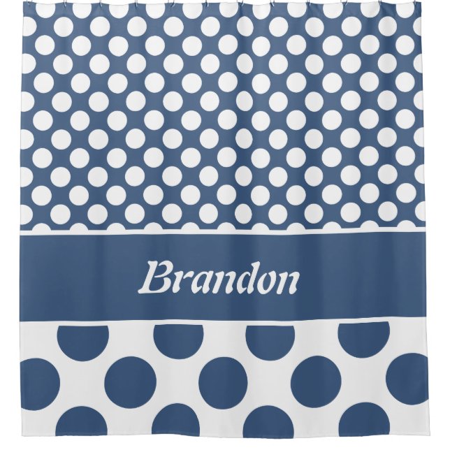 Trendy Name Blue & White Polka Dot Pattern Shower Curtain (Front)