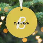 Trendy Name | Mustard Yellow Modern Initial Metal Tree Decoration<br><div class="desc">Trendy, stylish custom name and initial monogram style christmas tree ornament in modern minimalist script typography in off black and white on a simple fun mustard yellow background. The name and initial can easily be personalized with your own name or the name of a loved one for a perfect gift...</div>