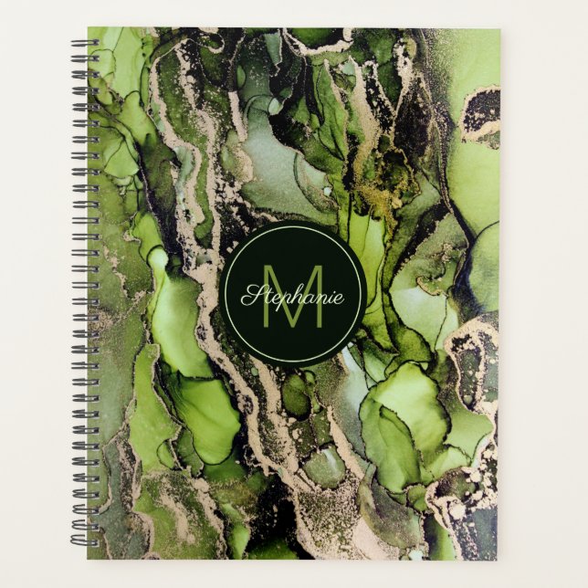 Trendy Named Abstract Green Black Gold Planner (Front)