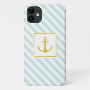 Trendy Nautical Stripes Faux Glitter Anchor Case-Mate iPhone Case