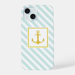 Trendy Nautical Stripes Faux Glitter Anchor iPhone 15 Case