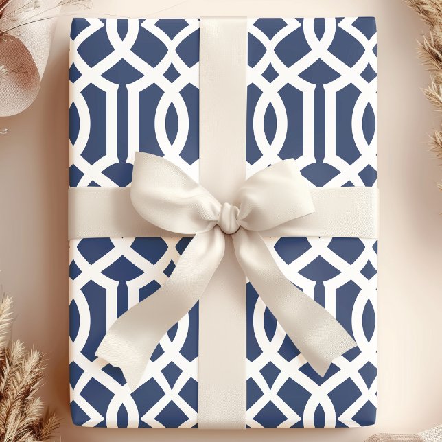 Trendy Navy and White Moroccan Trellis Pattern Wrapping Paper (Creator Uploaded)