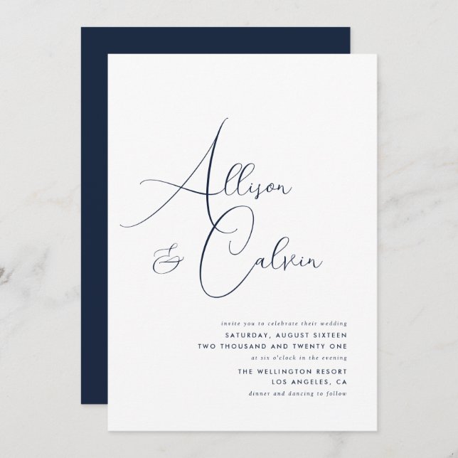 trendy navy and white wedding invitation (Front/Back)