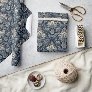 Trendy navy blue and beige ornamental damask wrapping paper