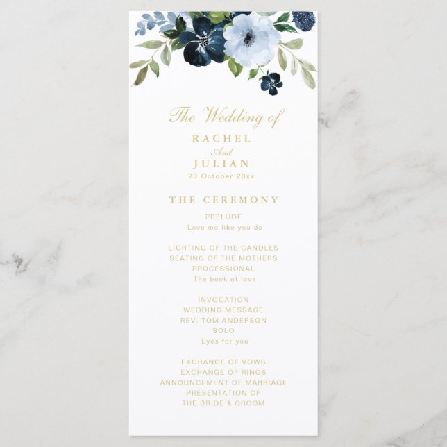 trendy navy blue and gold floral wedding program programme (Front)