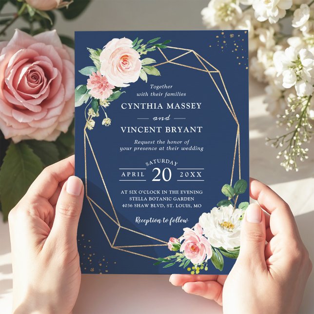 Trendy Navy Blue Blush Floral Geometric Wedding Invitation (Creator Uploaded)