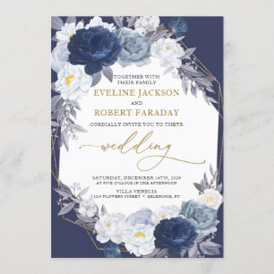 Trendy Navy Blue Floral Gold Geometric Wedding Invitation