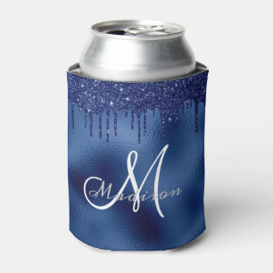 Trendy Navy Blue Glitter Drips Monogrammed Can Cooler