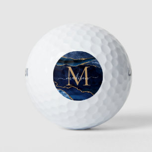 Trendy Navy Blue Gold Agate Geode Glitter Monogram Golf Balls